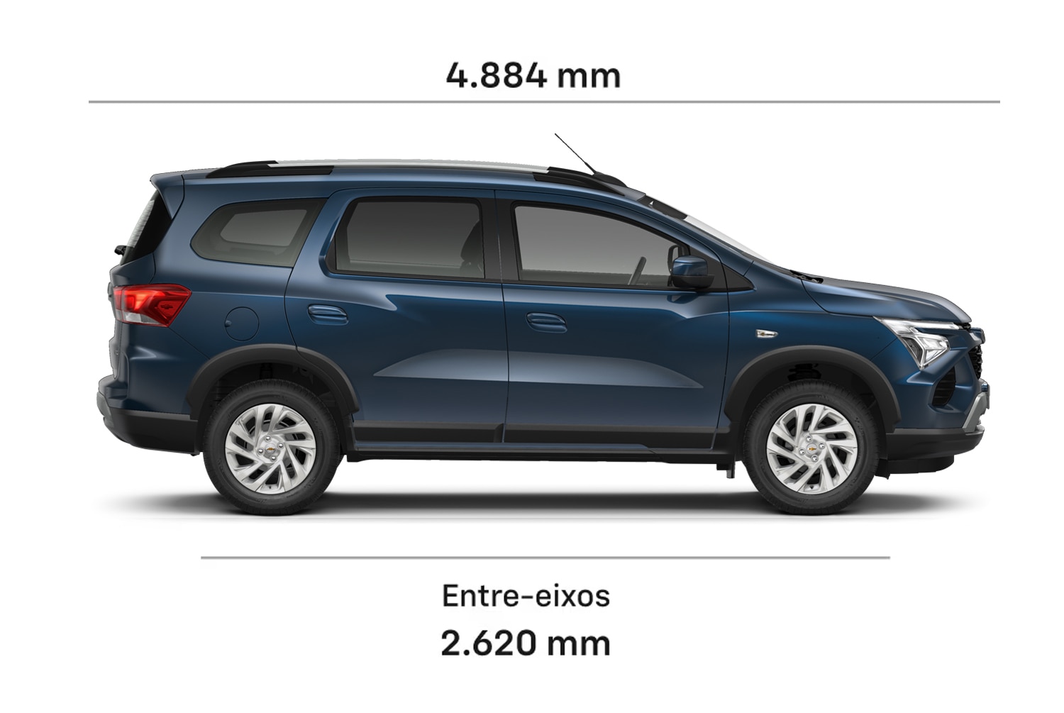 Chevrolet Spin 2026, visão lateral, com destaque para comprimento de 4.8m e entre-eixos de 2.6m